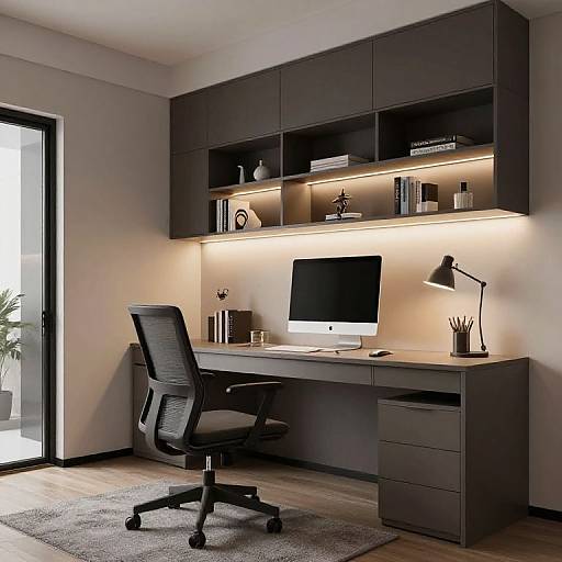 Modern office corner featuring a dark gray desk, black ergonomic chair, Apple iMac, adjustable lamp, and illuminated shelves with books.