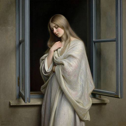 Photorealistic painting of a serene, long-haired woman with fair skin, draped in a shimmering, silver robe, standing by an open blue window