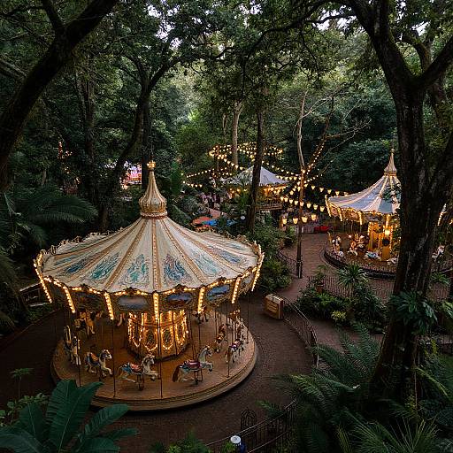 Photograph of a whimsical, illuminated, vintage carousel nestled in a lush, tree-filled park at dusk, with strings of warm fairy lights.
