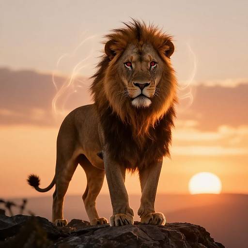 Photograph of a majestic male lion with a glowing mane and intense red eyes, standing on a rock at sunset with a fiery sky and sun in the