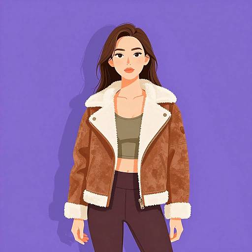 Digital illustration of a young woman with long brown hair, wearing a brown leather jacket with white fur trim, green crop top, and black pants, against