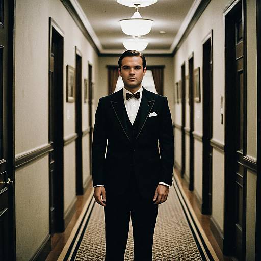 Photograph of a handsome, stern-faced man in a black tuxedo with white shirt and black bow tie, standing in a dimly lit,