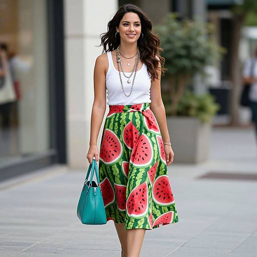 Photograph of a smiling woman with long dark hair, wearing a white sleeveless top, red and green watermelon-patterned skirt, turquoise handbag