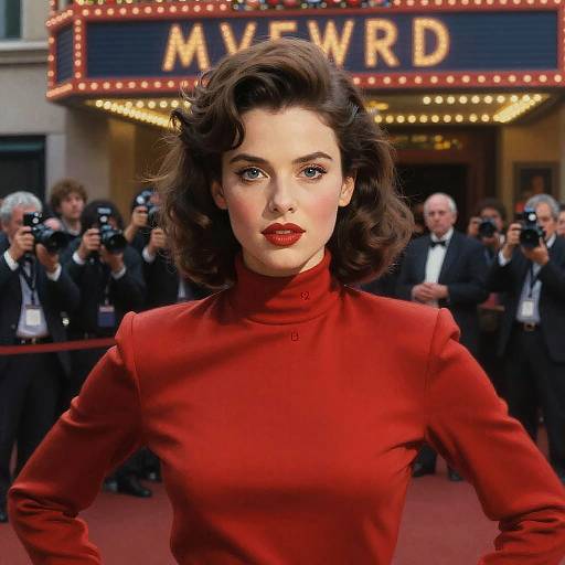 Photograph-style digital artwork of a 1950s-styled woman with wavy brown hair, red lipstick, and a red turtleneck dress