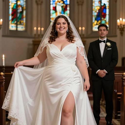 Photograph of a smiling, plus-size bride in a white, low-cut satin dress with a thigh-high slit, veil, and groom in a black