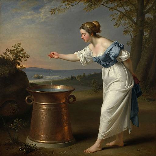 Classical painting of a fair-skinned woman in a white dress with blue sash, pouring liquid into a bronze cauldron, outdoor natural setting