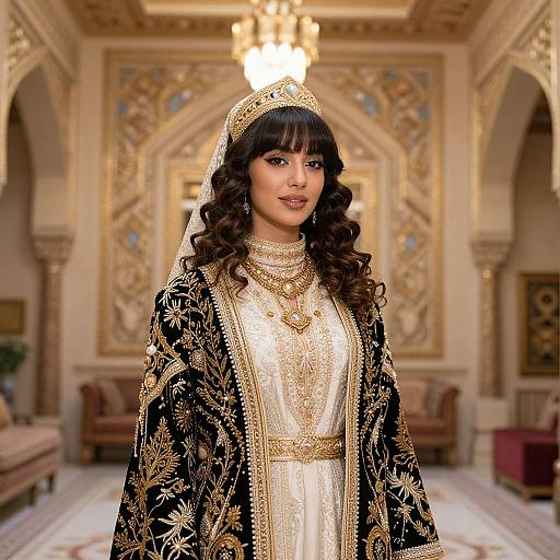 Photograph of an elegant woman with long curly black hair, wearing a gold tiara, white embroidered dress, and black ornate robe, standing in