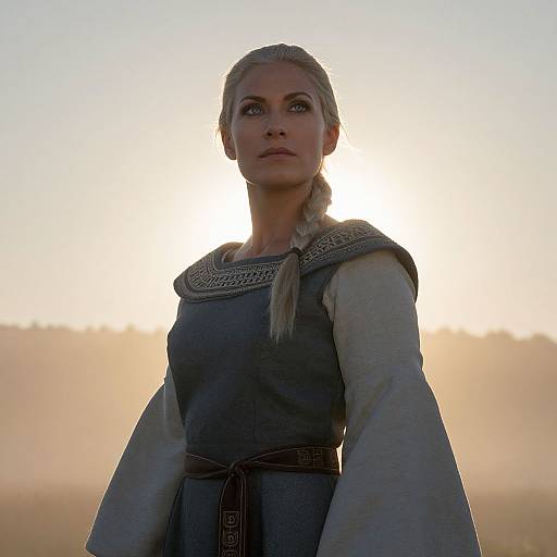 Photograph of a blonde woman with braided hair, wearing a medieval-style dress, standing in a misty field at sunset.
