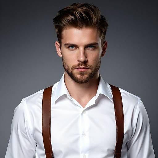 Photograph of a handsome, bearded Caucasian man with blue eyes, short brown hair, wearing a white shirt and brown suspenders, against a dark
