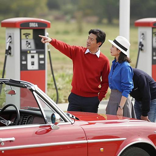 Classic Red Convertible Scene with Friends