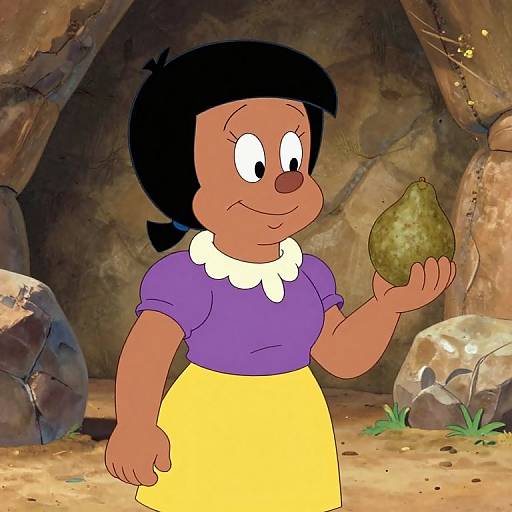 Cartoon woman with dark skin, black hair, purple top, yellow skirt, white collar, holding a pear, standing in a rocky cave.