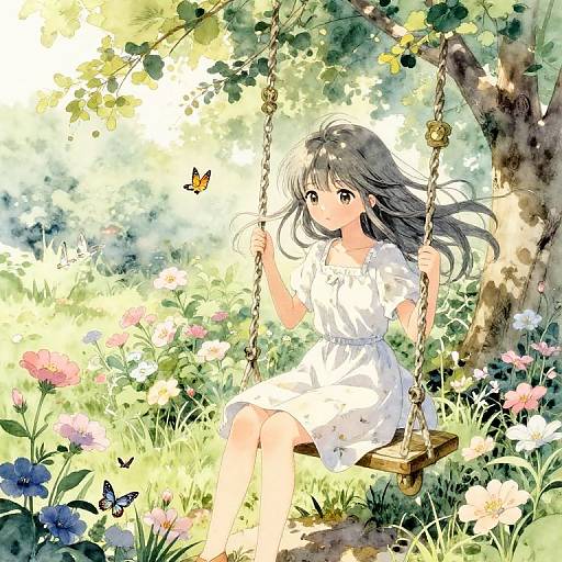 Anime-style drawing of a gray-haired girl in a white dress, sitting on a wooden swing in a sunlit, flower-filled meadow with a butterfly