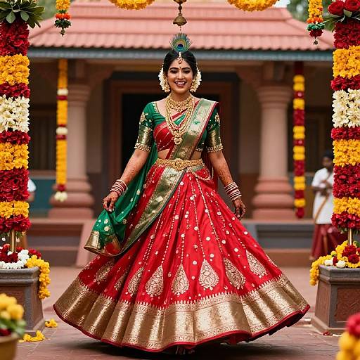 Photograph of a smiling Indian bride in a vibrant red and green traditional lehenga with gold embroidery, adorned with jewelry, standing in a decorated temple entrance