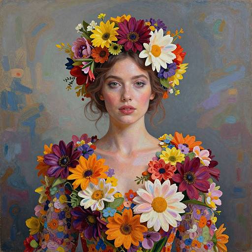 Digital painting of a fair-skinned woman with blue eyes, wearing a vibrant flower crown and dress adorned with colorful daisies and blooms, against a
