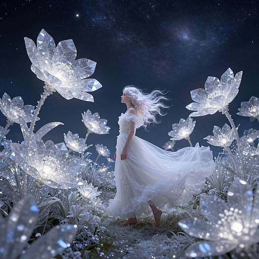 Dreamy photograph of a woman in a flowing white dress, surrounded by glowing, ethereal flowers under a starry night sky.