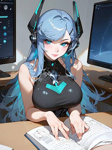 Futuristic Sci-Fi Cosplay Woman Reading Book