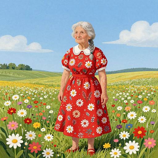 Digital illustration of an elderly white woman with white hair, wearing a red floral dress, standing in a vibrant meadow of colorful wildflowers under a bright