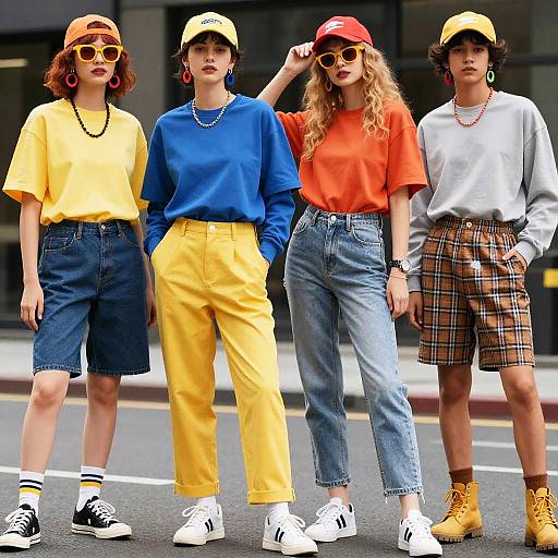 Photograph of four stylish young people in colorful outfits: yellow shirt, blue sweater, orange shirt, white tee; yellow, blue, blue, pl
