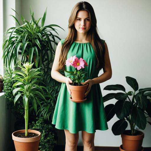 Young Woman Holding Potted Pink Flower