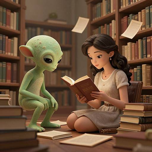 Digital art of a green, large-eyed, small goblin reading with a young woman in a white dress in a book-filled library.
