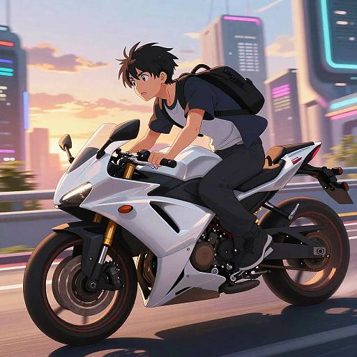 Futuristic Anime Biking Sunset Scene