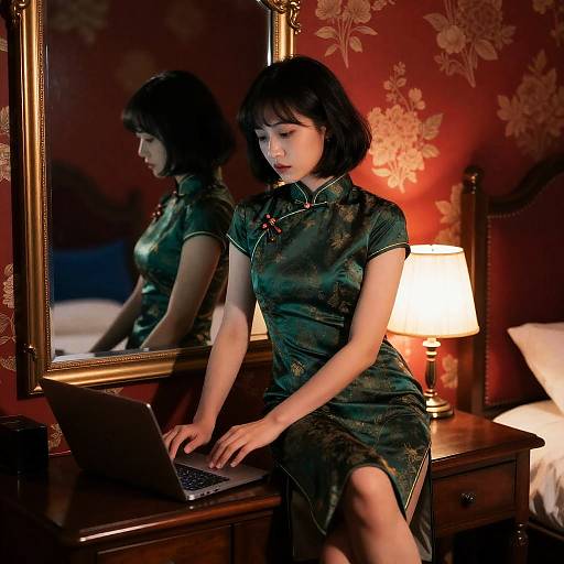 Asian Woman in Cheongsam at Desk
