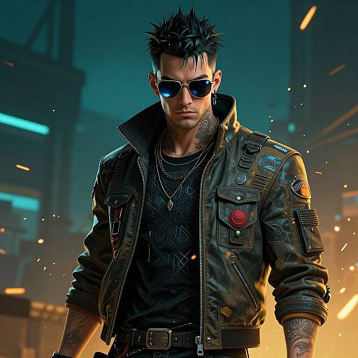 Digital artwork of a muscular, tattooed man with spiked black hair, blue glowing eyes, wearing dark sunglasses, black leather jacket, and black shirt,