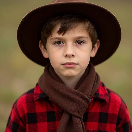 Boy in Brown Hat and Plaid Shirt