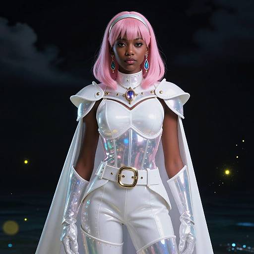 Photograph of a dark-skinned woman with pink bob haircut, wearing white, reflective, futuristic armor with cape, and blue earrings, standing against a