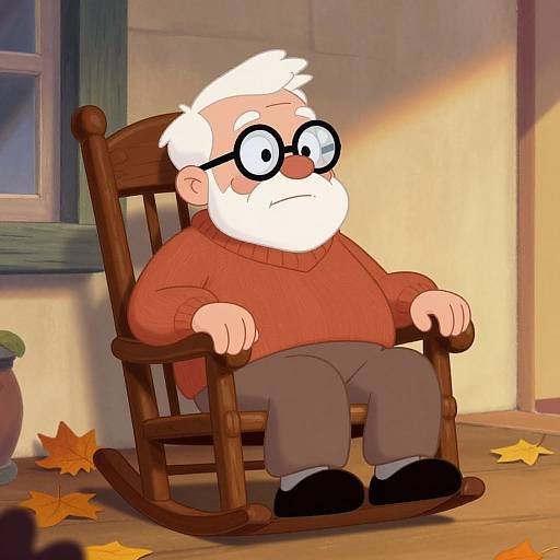 Cartoon elderly man with white hair, glasses, red sweater, and brown pants sits in a wooden rocking chair on a porch with autumn leaves.