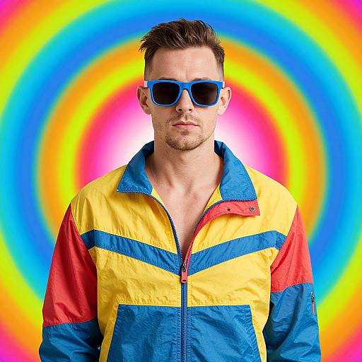 Photograph of a man with short brown hair, blue sunglasses, and yellow-blue-red jacket, standing against a vibrant rainbow spiral background.