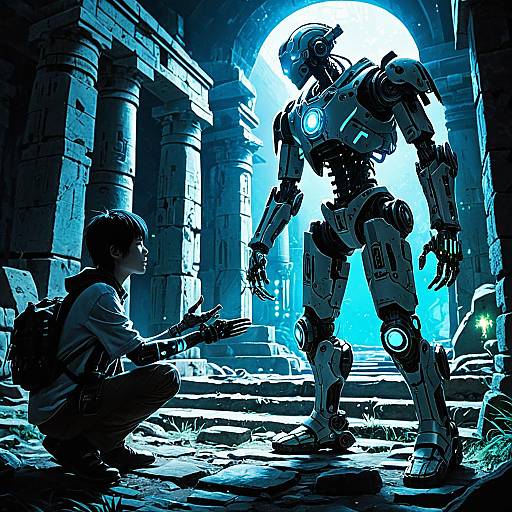 Cyborg and Archaeologist in Glowing Ancient Ruins