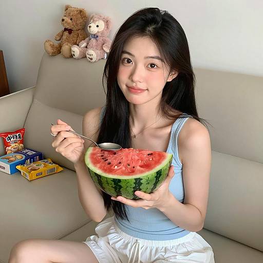 Relaxing Asian Woman Enjoying Snack