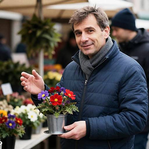 Man Holding Potted Flowers at Market