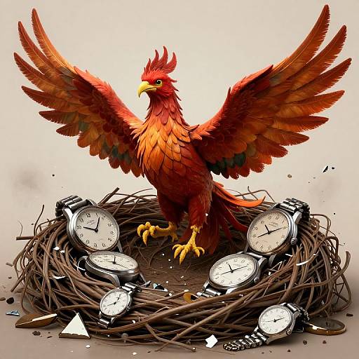 Weary Phoenix Nesting on Broken Clocks