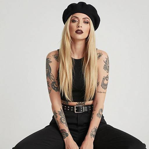 Tattooed Blonde Woman in Black Beret