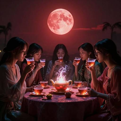 Photograph of five Asian women sitting around a glowing tea set under a large, red full moon, holding glasses of orange liquid, illuminated by the fire