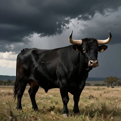 Photograph of a black bull with large horns standing in a grassy field under a dramatic, cloudy sky with sunlight breaking through.