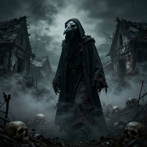 Dark, gothic digital artwork of a hooded figure with a skull mask, standing amid ruined buildings and scattered skulls, under a moody, cloudy