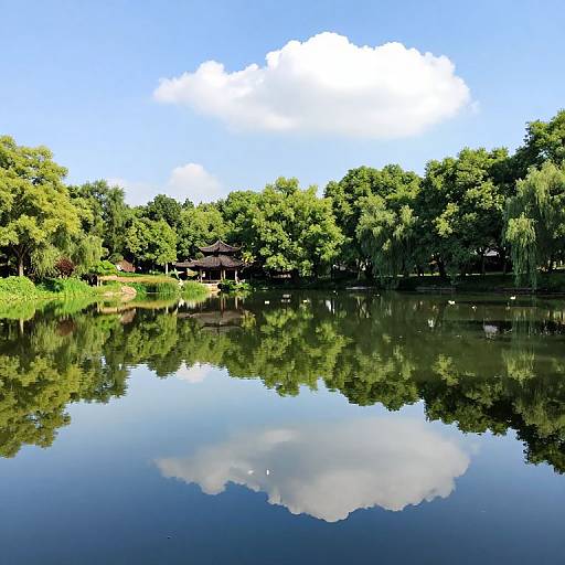 Photograph of a serene lake with mirror-like water, reflecting lush green trees and a clear blue sky with a few white clouds.