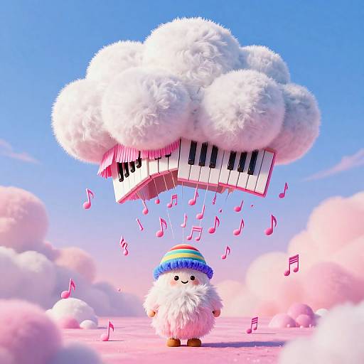 Cute fluffy white creature wearing rainbow beanie, standing on pink clouds, holding floating cloud with piano keys and pink music notes. Bright blue sky background
