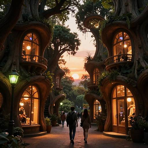 Sunset Stroll Through Bioluminescent Wooden Market