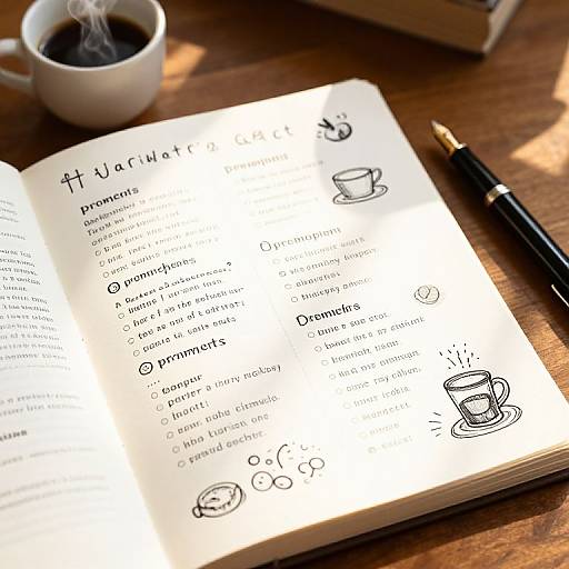 Photograph of an open notebook with hand-drawn coffee cups, listing 