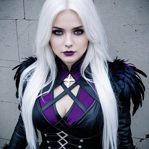 Woman in White Hair Cosplay with Black Feathered Collar