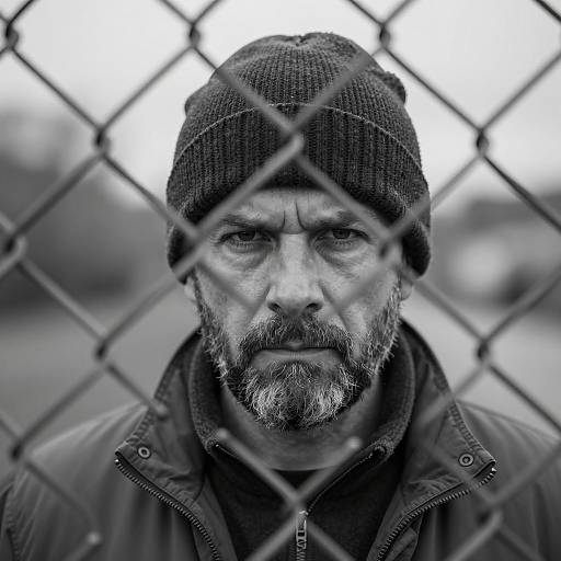 Serious Man Behind Chain-link Fence