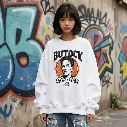 Young Woman in Graphic Sweatshirt in Graffiti Alley