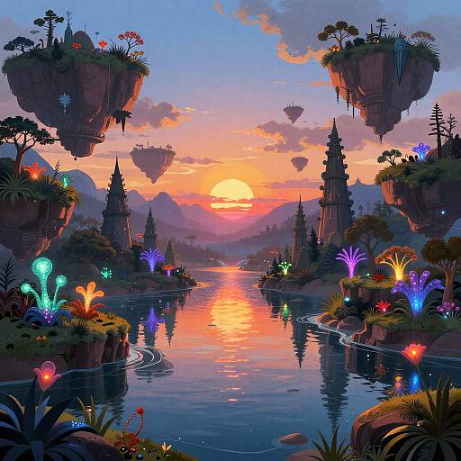 Vibrant digital fantasy landscape: floating islands, glowing flora, colorful sunset, reflective river, silhouetted spires, and whimsical floating