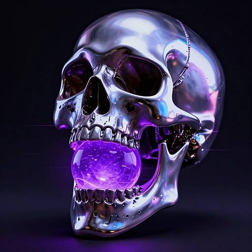 Glowing, reflective metallic skull with a glowing purple tongue, illuminated by neon lights against a dark background. Digital CGI artwork.