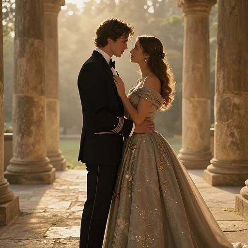 Photograph of a romantic couple in formal attire, standing in a sunlit, ancient colonnade, gazing into each other's eyes, with