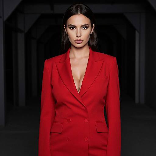Photograph of a confident, fair-skinned woman with dark hair in a sleek bob, wearing a vibrant red, double-breasted blazer with a